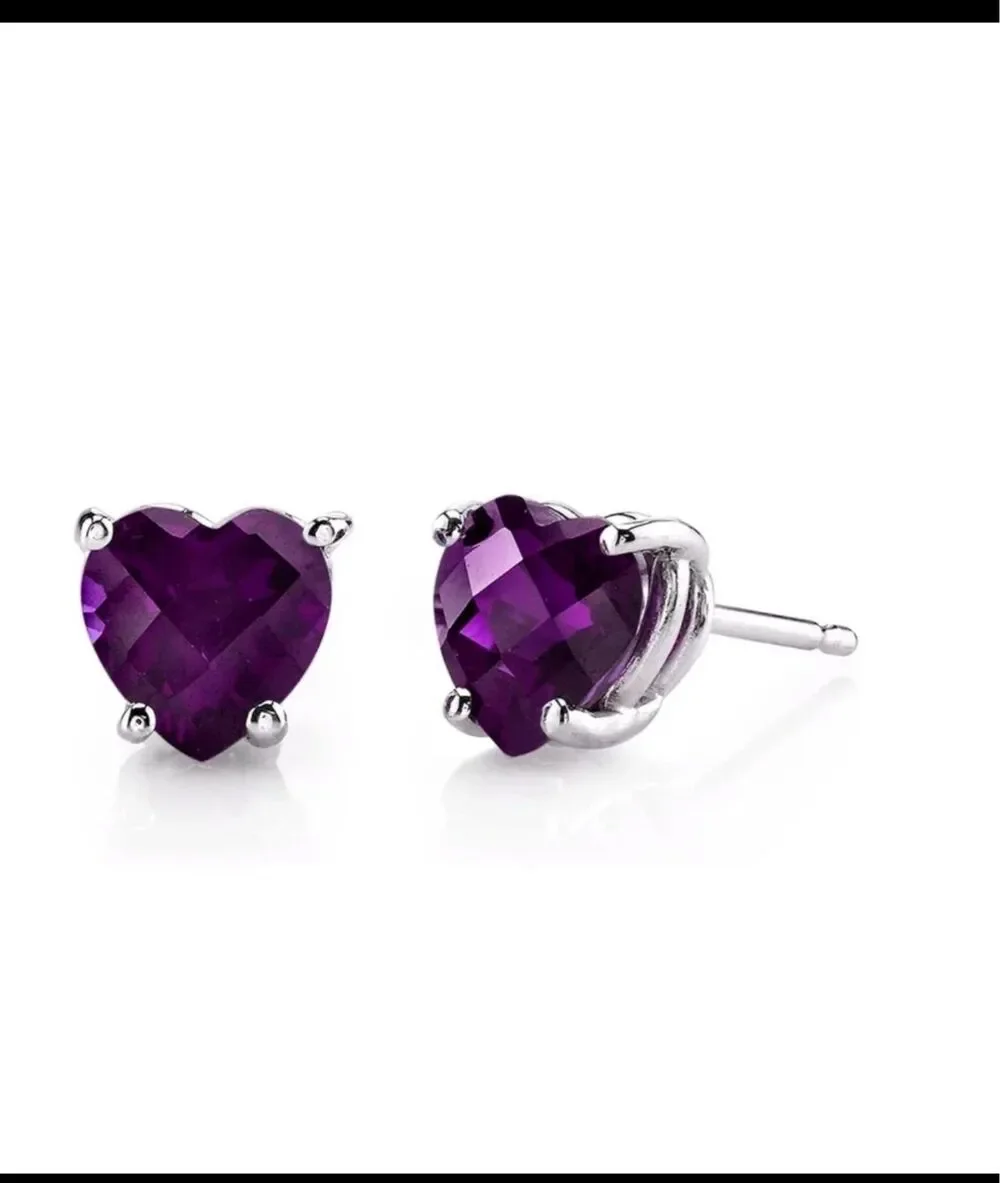 2 Ct.  Heart Cut Amethyst Gemstone Stud Earrings~925 Sterling Silver